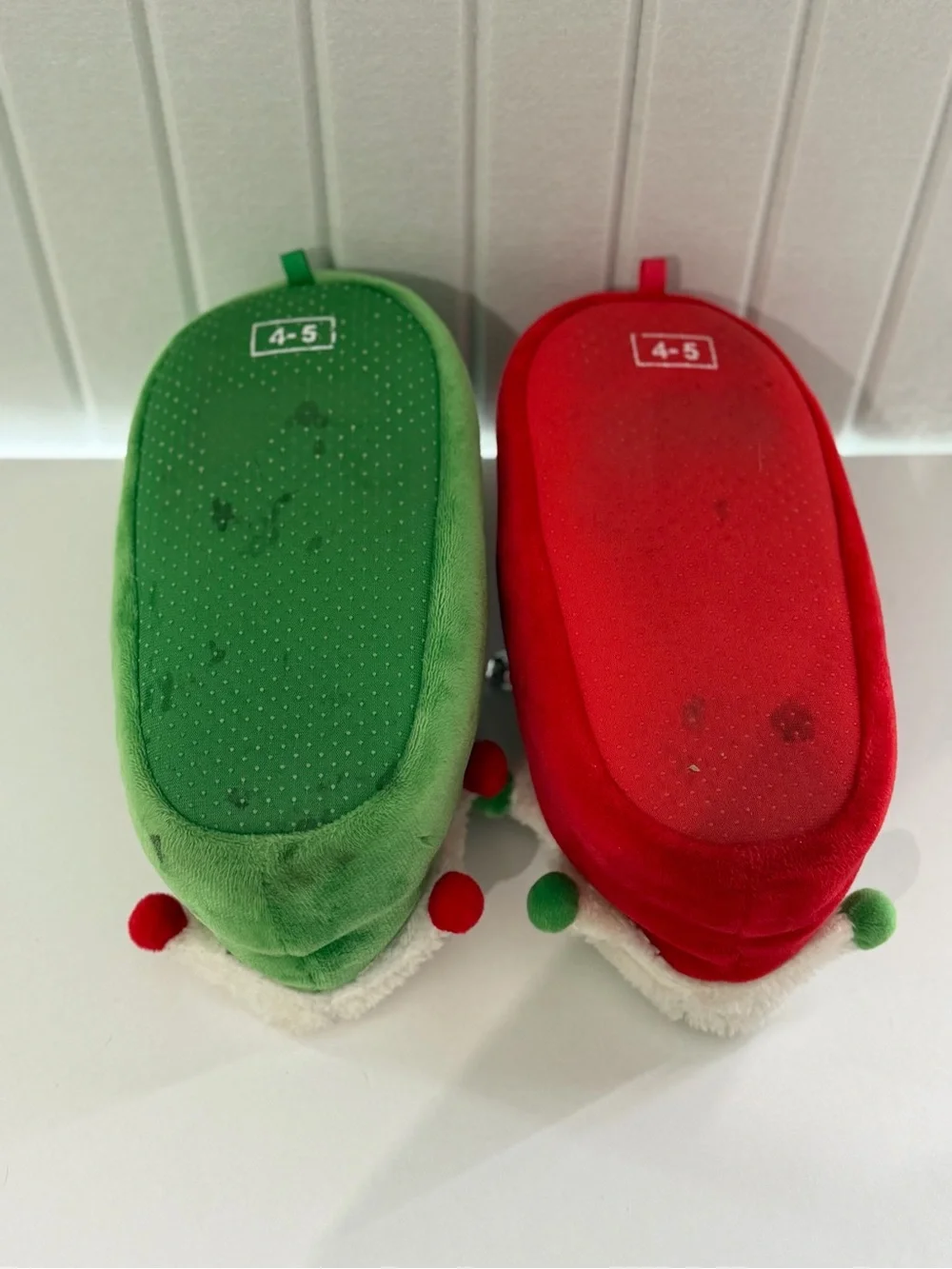 Kids Holiday Elf Slipper Pair - Red & Green with Faux Fur Trim